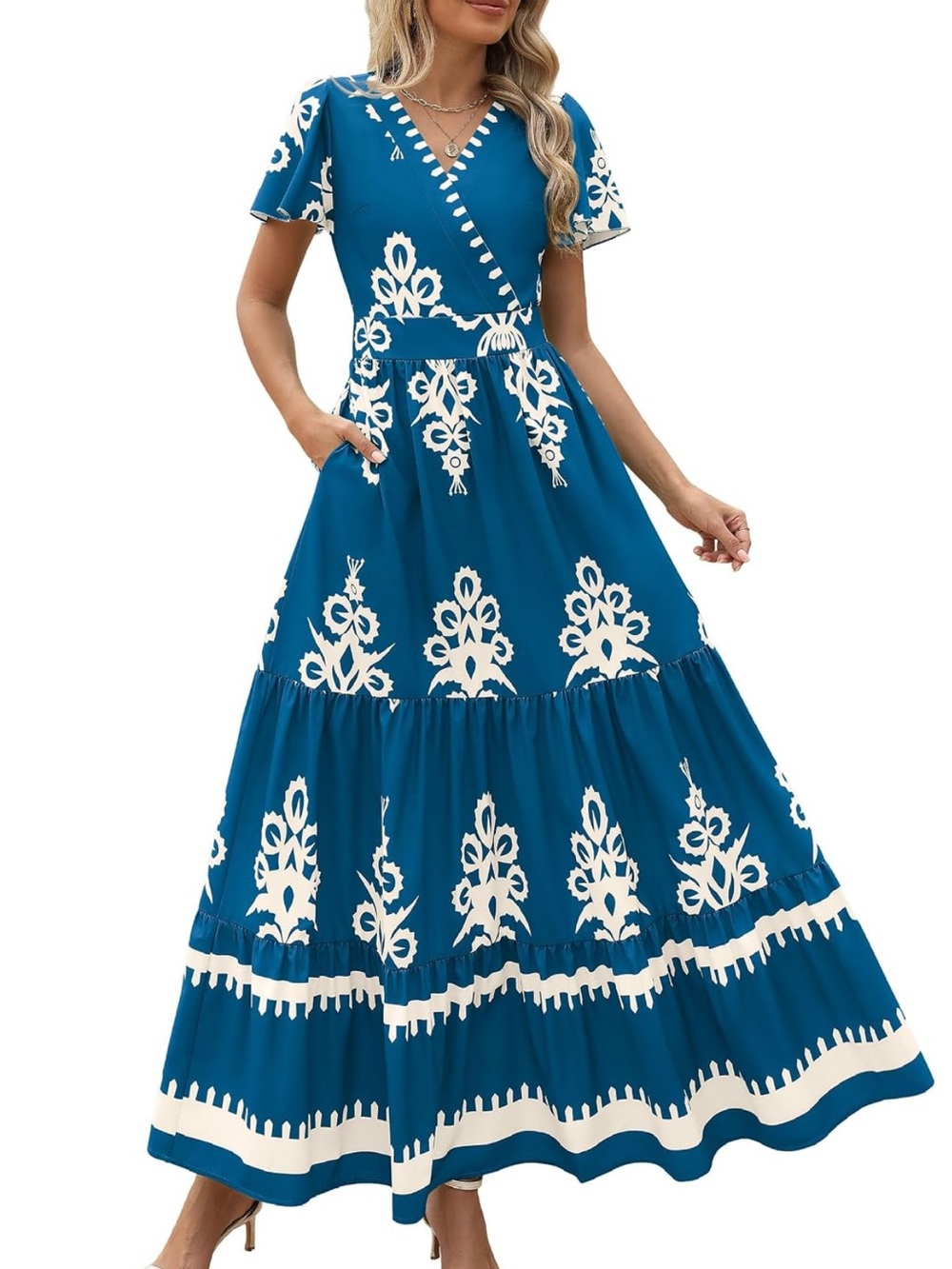 Women's pretty garden blue and white flowy maxi dress - Picture 2 of 9